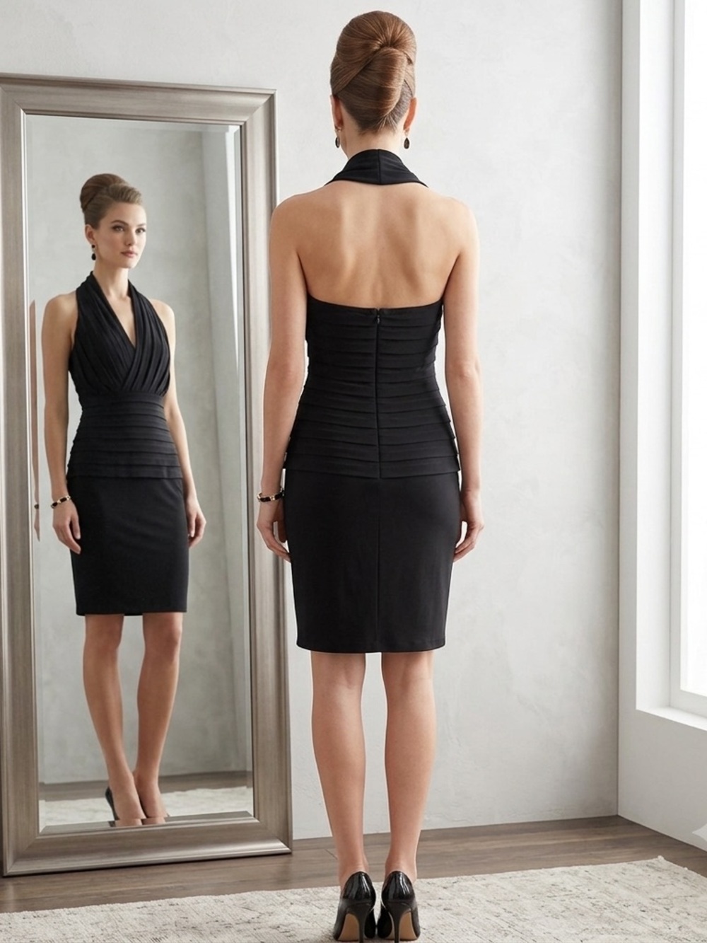 VTG Tadashi Collection Pleated Halter Stretch Black Cocktail Dress Medium.
